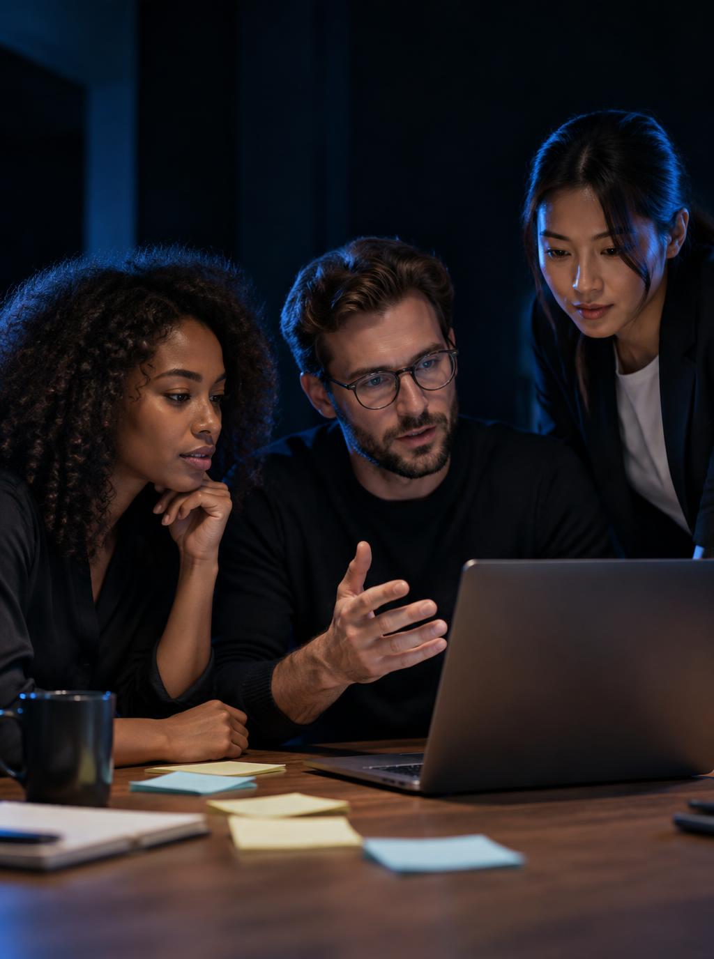 Three marketing colleagues discussing ideas over a laptop and sticky notes, with blue rim lighting